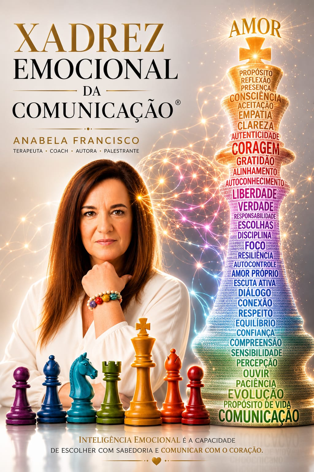 Anabela Francisco com o livro O Xadrez Emocional da Comunicação® e peças de xadrez